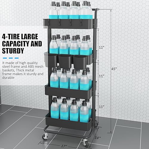 Miniatura 7 de Devo Carrito rodante de 4 niveles, carrito de almacenamiento resistente, con asa, 4 ganchos laterales, 2 tazas de almacenamiento y ruedas