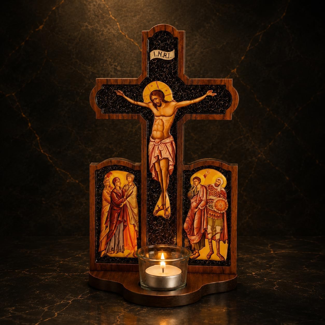 misticSparks Kruzifix aus Holz mit Ikonen und Kerzenglas, christliches Kreuz in Buntglas-Optik für Hausaltar und Gebetsecke, Geschenk zu Taufe, Kommunion und Hochzeit