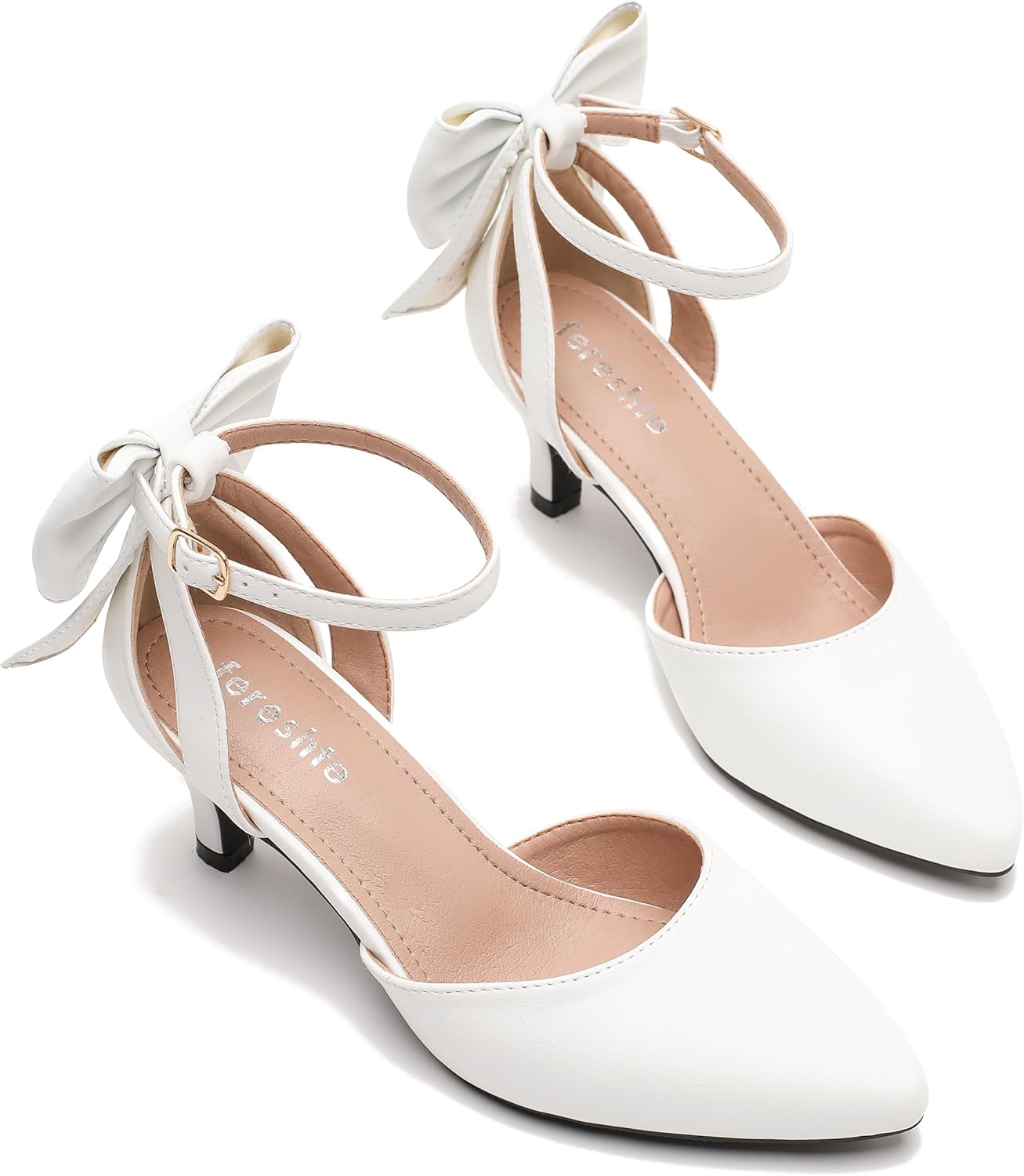 fereshte Women's Kitten Heel Pumps with Bow, Ankle Strap, Pointed Toe, Wedding Evening Dress Shoes - Image 7