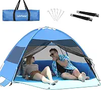 Barraca de praia grande e fácil configuração, toldo de praia anti-UV com piso estendido e 3 janelas enroláveis de tela para 3 a 4 pessoas, barraca de sombra portátil para pesca ao ar livre (azul)