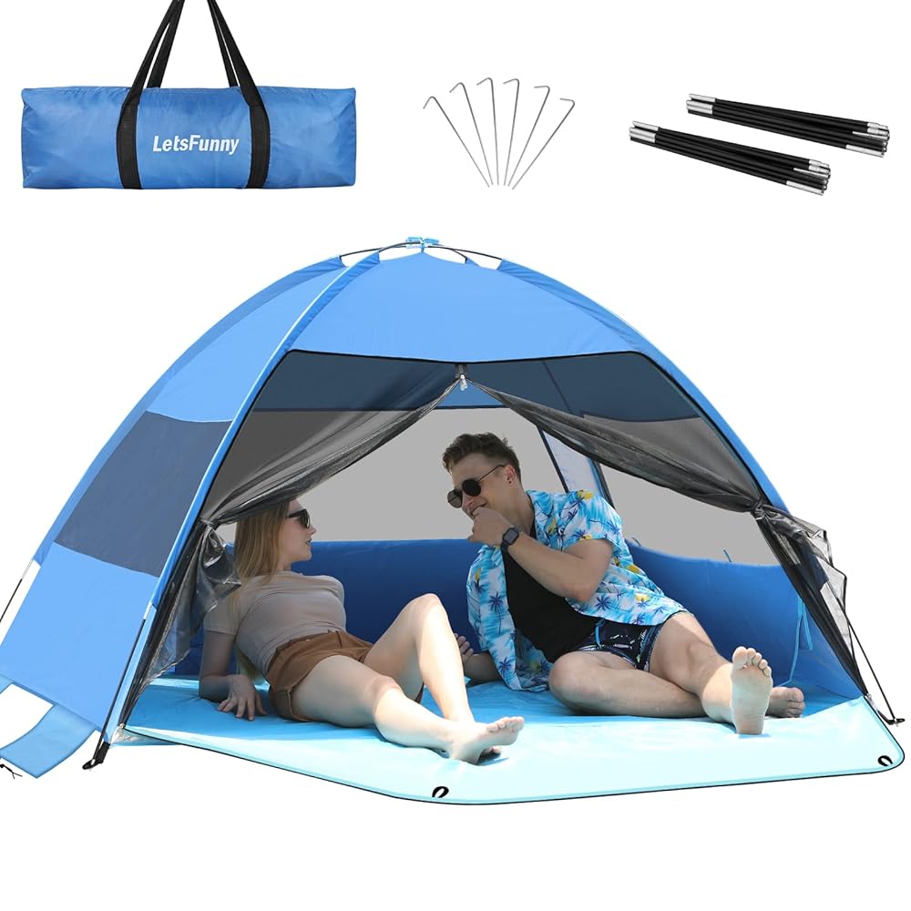 Large 4 Person Beach Tent - UPF 50+ Anti-UV, Easy Setup with Extended Floor & Mesh Windows, Portable for Camping Fishing (Blue)