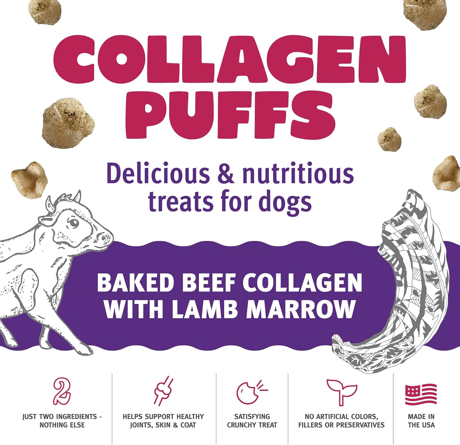 Icelandic+ Collagen Puffs: Baked Beef Collagen with Lamb Marrow 2.5oz - Treats for Med-Lg Dogs, Crunchy Protein Bites (Pack of 2)