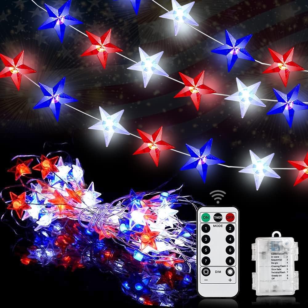 Couah Patriotic Star String Lights - 8.5Ft Red White Blue LED Outdoor Decor For 4th Of July, Memorial Day & Patriotic Celebrations