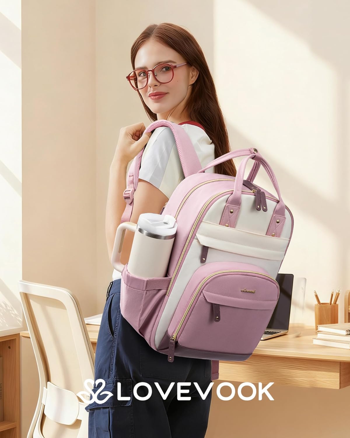 LOVEVOOK Laptop Backpack for Women with Giant Tumbler Holder Pocket,17.3 inch School College Bookbag Nurse Teacher Backpack,Work Travel Backpack Purse Laptop Computer Bag,Pink-Off-white-Light pink - Image 2