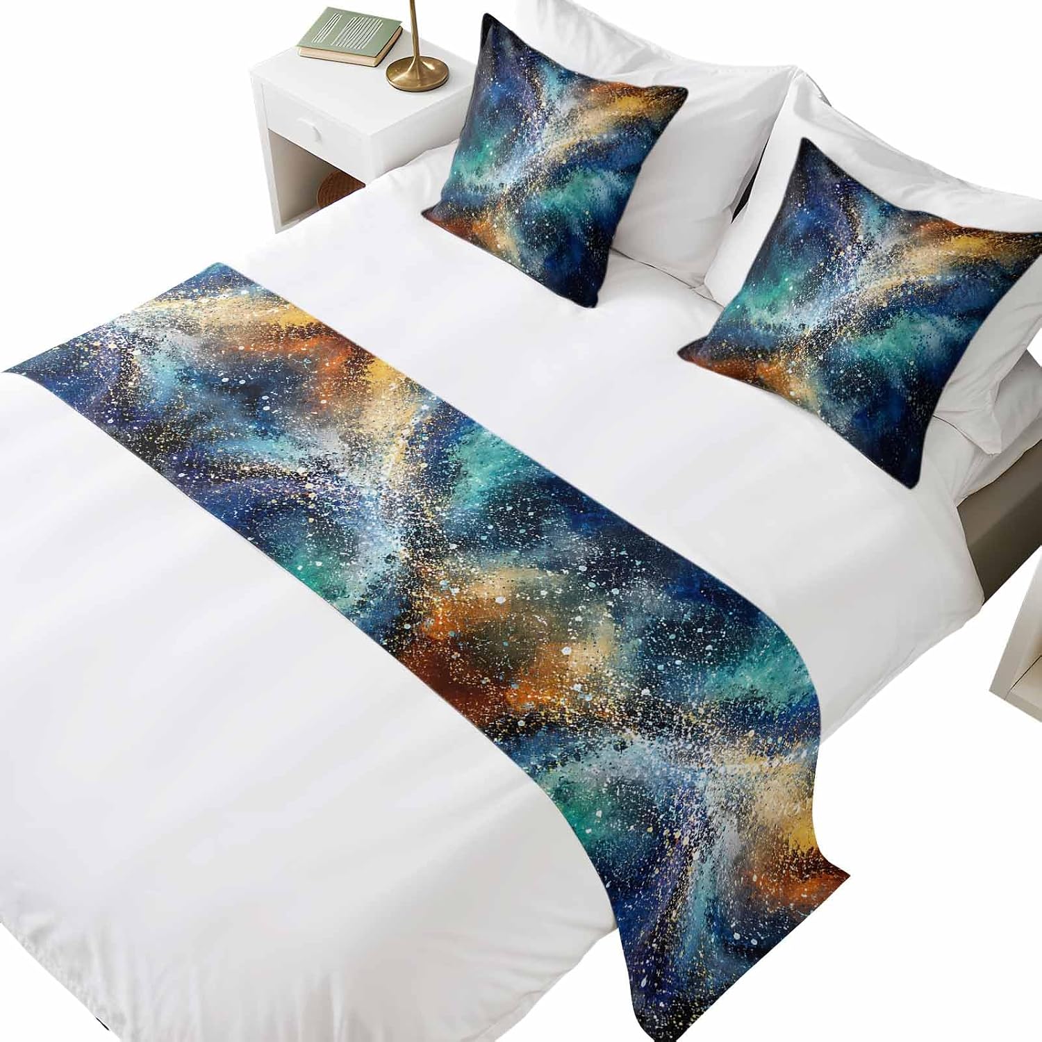 Swirling Star Dust Bed Runner Set, 83 x 20 Inch Abstract Blue Galaxy Glowing Cosmic Cloud Bed Scarf with 2 Matching Pillow Covers, Decorative Bedding Scarf Protection for Bedroom Hotel