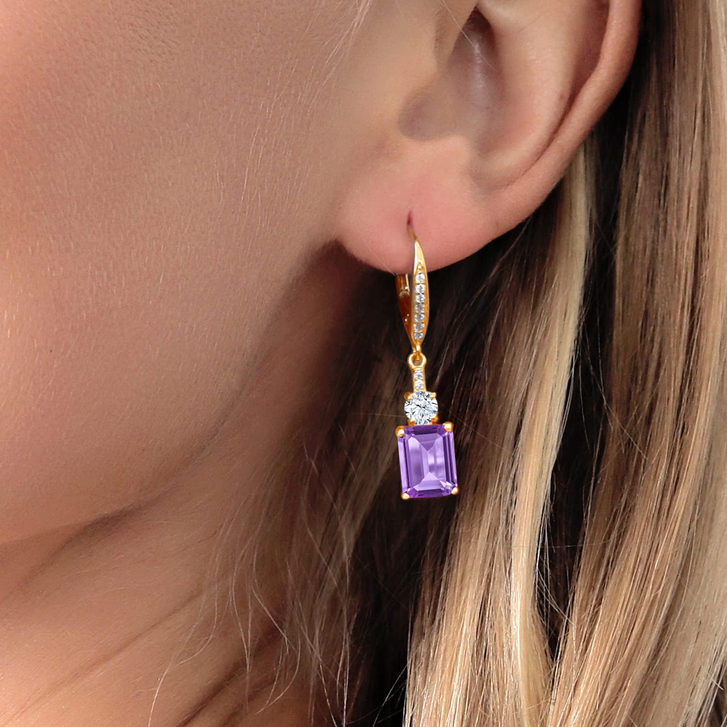 Gem Stone King 4-5 Cttw Leverback Drop Dangle Earrings For Women | 18K Yellow Gold Plated Silver | Emerald Cut 9X7MM Gemstone Birthstone | Fine Jewelry Gifts for Mom Her Anniversary Wedding
