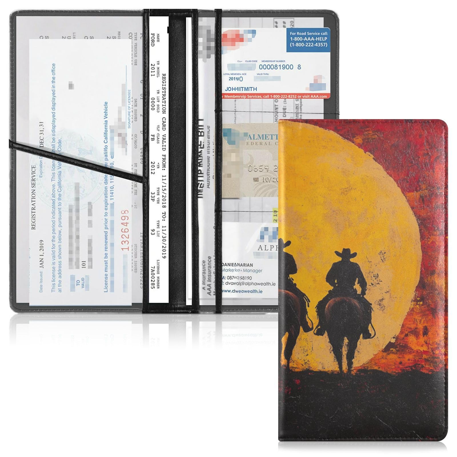 Premium Leather Registration and Insurance Card Holder Men Women Car Essentials for Documents, Cards, License Cowboy