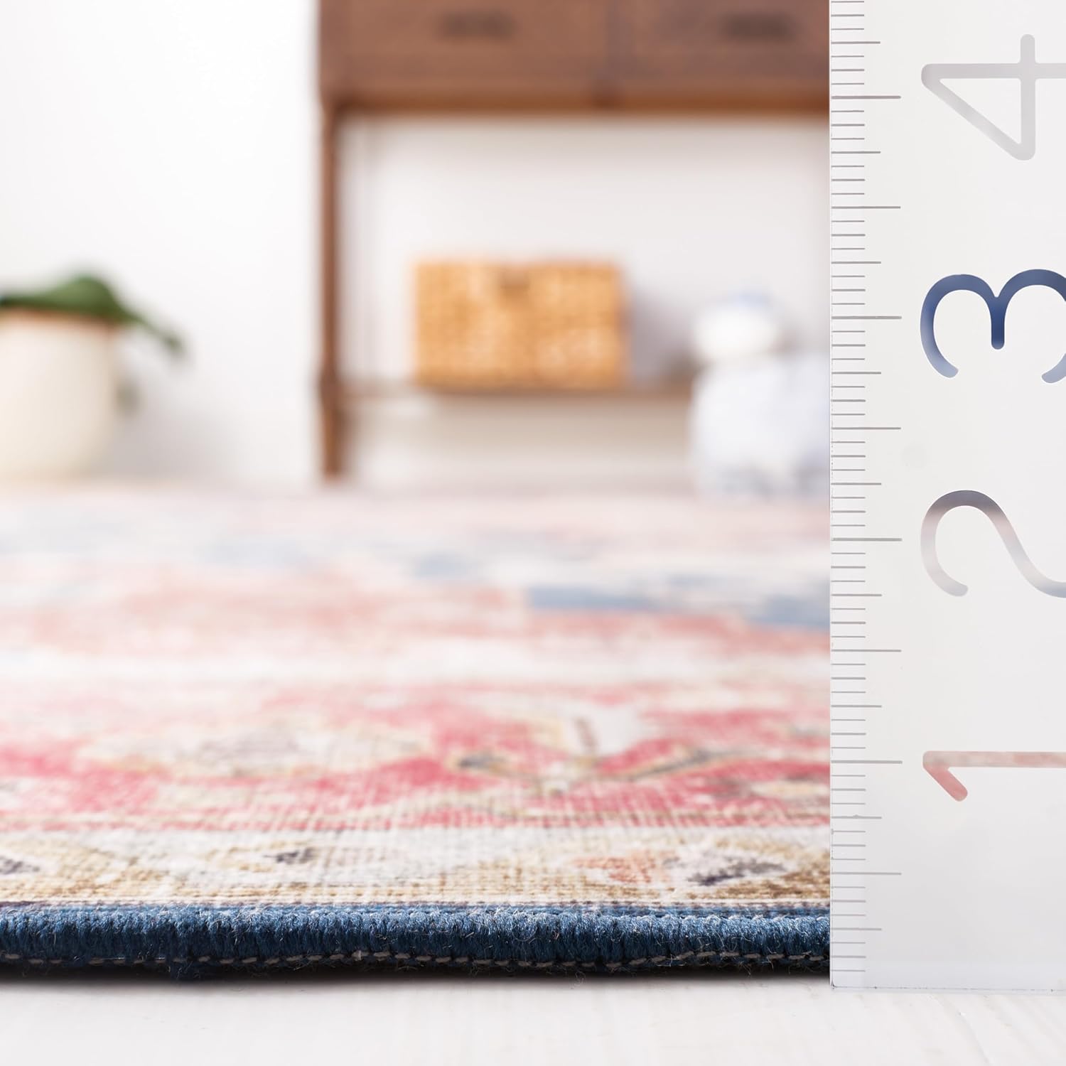 SAFAVIEH Washable Rug Tucson Collection - 6' Square, Navy & Rust, Slip Resistant & Easy to Clean, Ideal for Living Room, Bedroom, Dining Space (TSN105N)