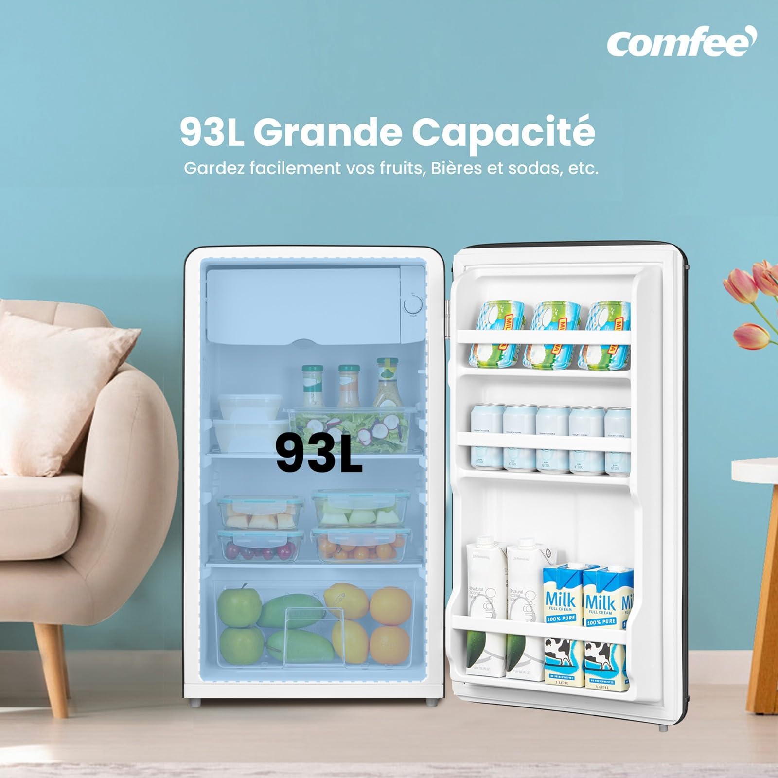 Comfee' RCD93BL2EURT(E) Refrigerator Underground, 93L, Black | Retro Freestanding Refrigerator, Refrigerator Compartment, Adjustable Thermostats, LED Light