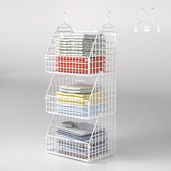 PUPPYCUTE Hanging Closet Organizer and Storage, Clothes Hanging Shelves Wire Baskets for Clothing Sweaters Purse Handbags Shoes White 3 Tier