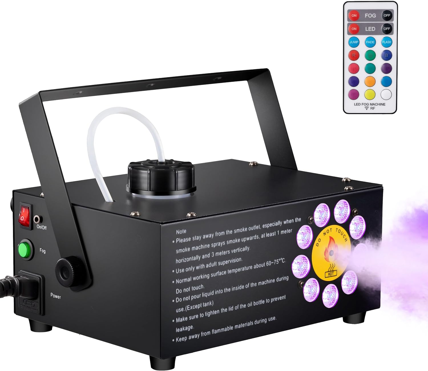 Sunolga Fog Machine with 9 LED Lights 12 Colors, 500W 2500 CFM Horizontal and Vertical Halloween Smoke Machine with 2-in-1 Wireless Remote Control and 3 Auto Modes for Christmas, Party, Stage Effect 9 LED Lights-500W-Black