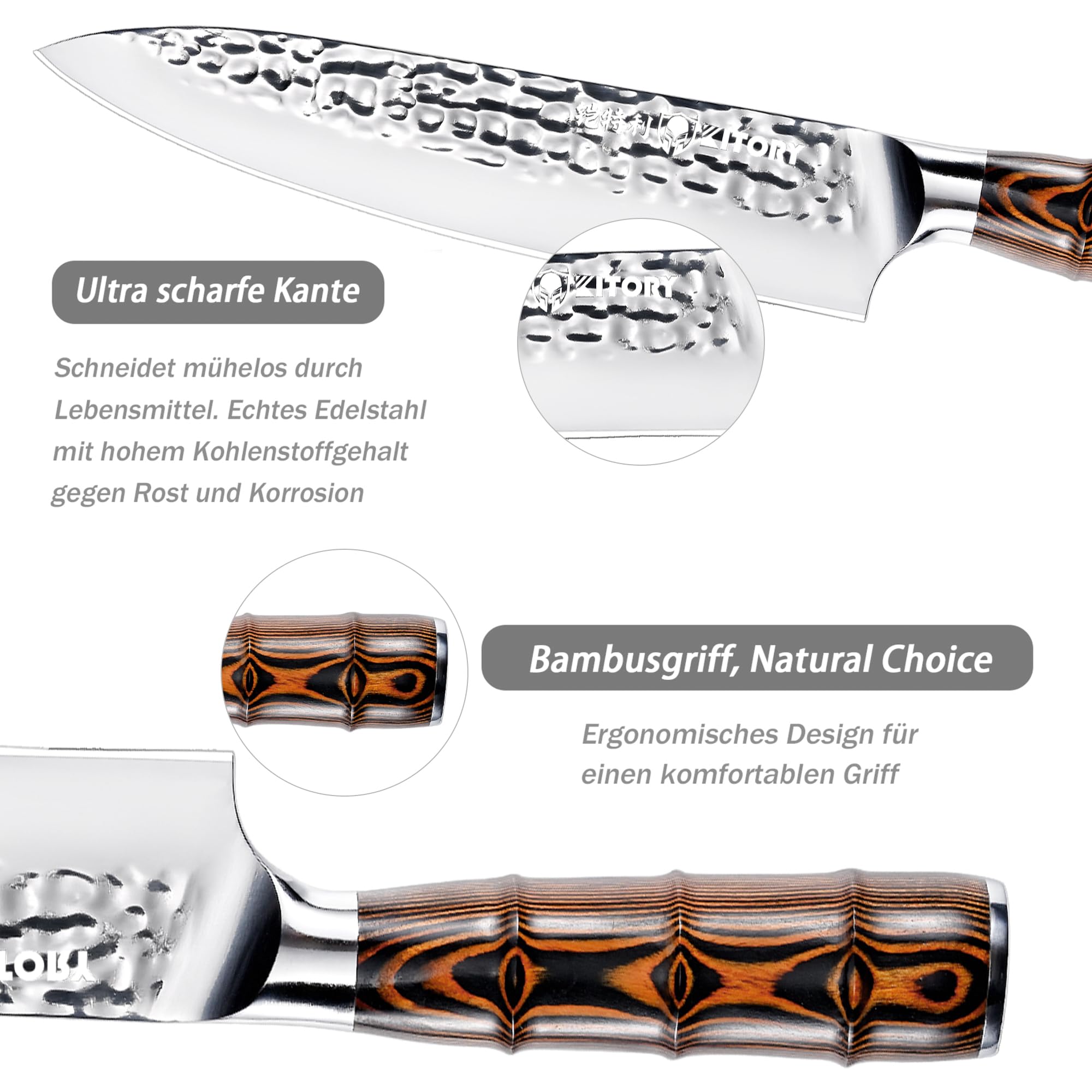 Couteau de Chef 20 cm, Couteau de Cuisine Professionnel, Lame Acier Inoxydable Haute Carbone, Poignée Bambou Ergonomique