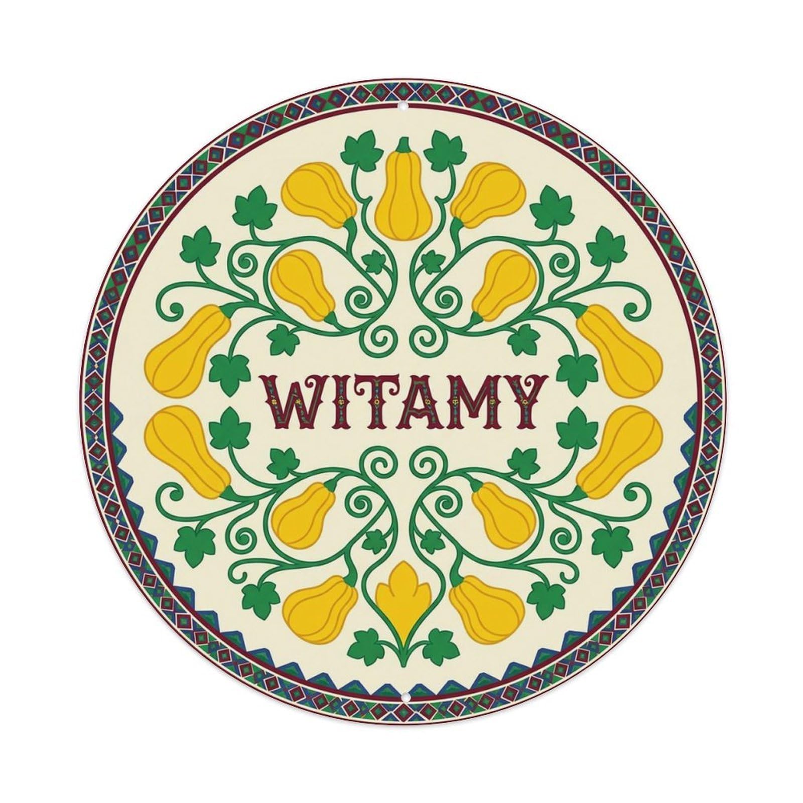 Vintage Polish Folk Art Witamy Welcome Squash Yellow Metal Tin Sign
