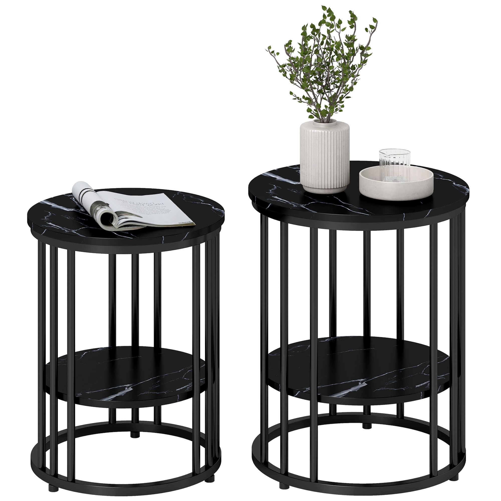 Homcom Unisex Black Marble-Effect Round Coffee Table Set Of 2 For Living Room, Size 2 Pack