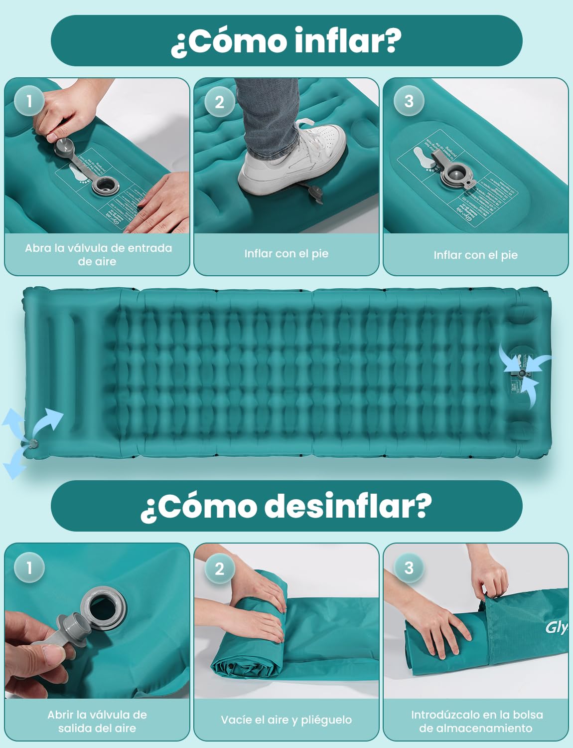 Glymnis Esterilla Camping Ultraligera con Almohada, Colchón Hinchable Individual con Bomba de Pie para Viajes, Exteriores, Senderismo