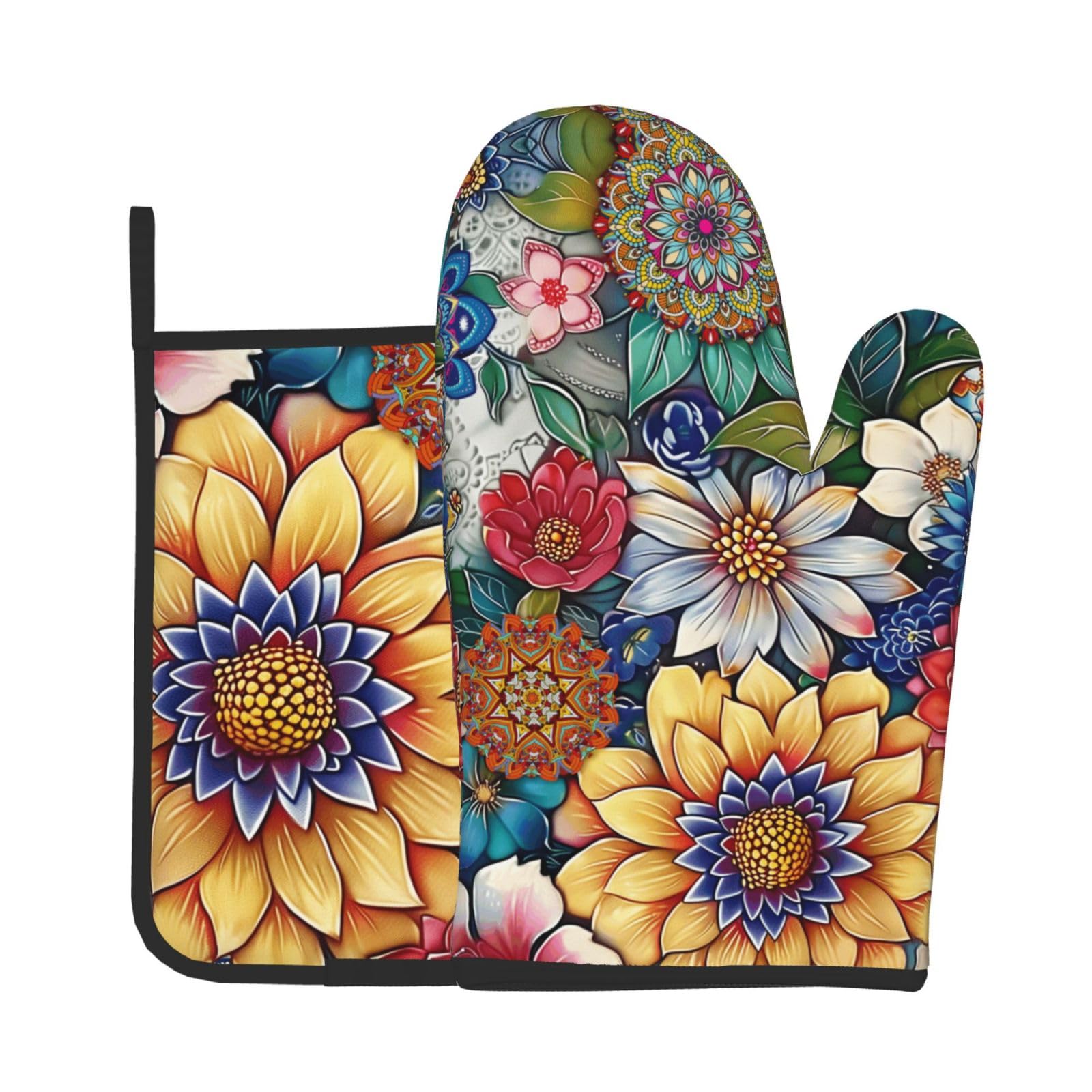 Boho Floral Oven Mitts and Pot Holders Sets Vintage Flower Oven Gloves Heat Resistant Colorful Kitchen Mitts Hot Pads Two Piece Set Kitchen Decor for Women Cooking Baking Grilling BBQ