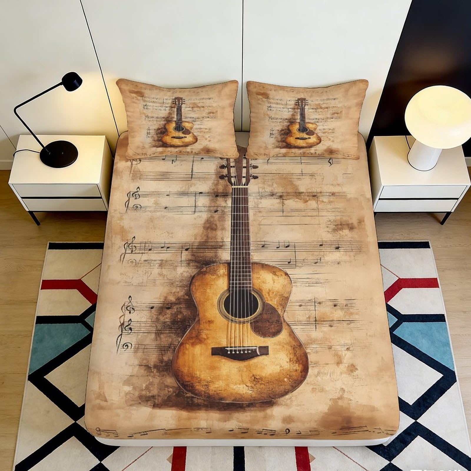 3D Printed Guitar Music Microfiber Fitted Sheet Deep Pocket Non-Slip Bedroom Bedding Guitar Mattress Fitted Cover Washable for Adults 140x200x25cm