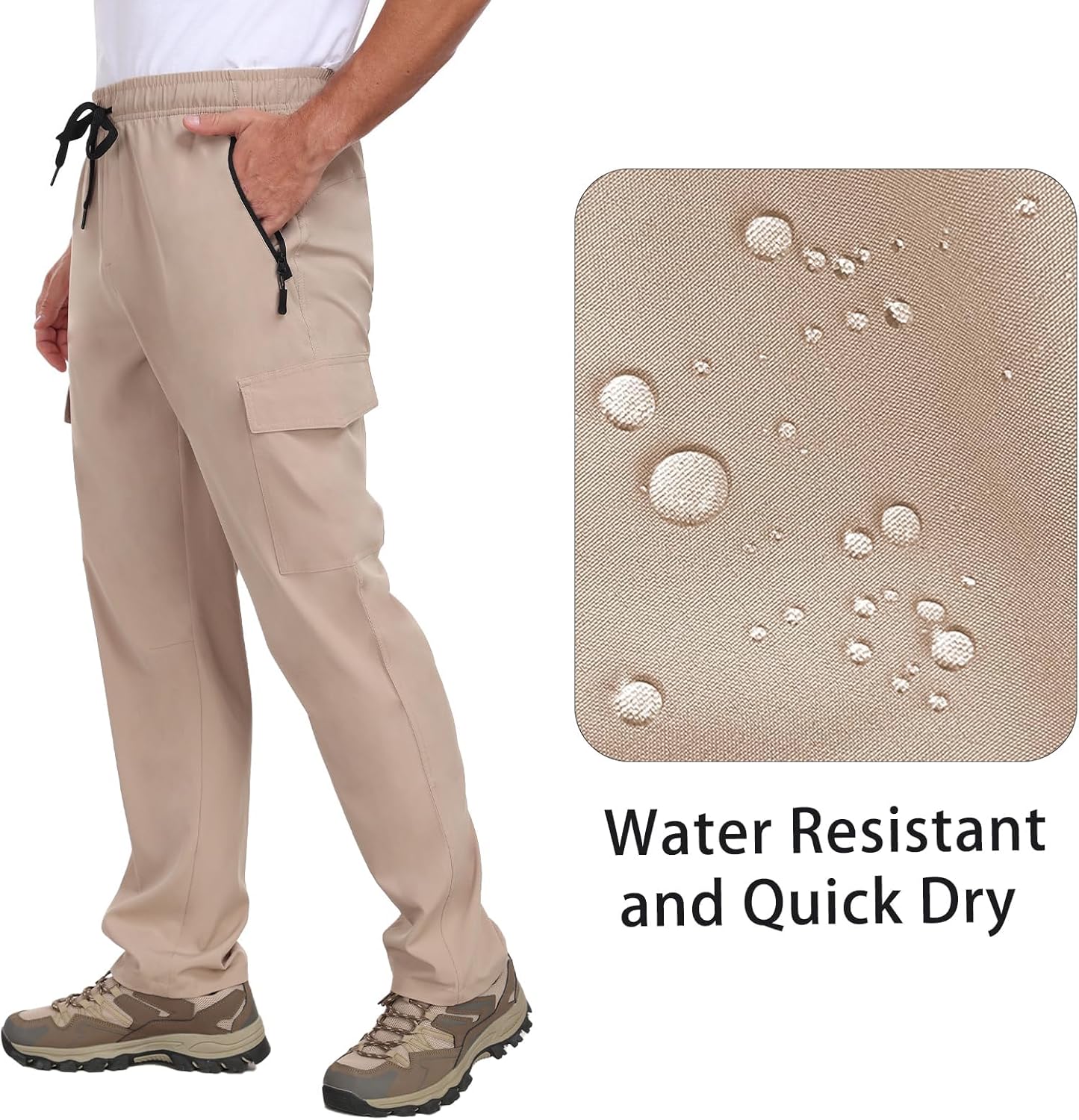 Men's Hiking Pants UPF 50+ Cargo Quick Dry Water Resistant Elastic Waist Zip Pockets Travel Work Lightweight Running