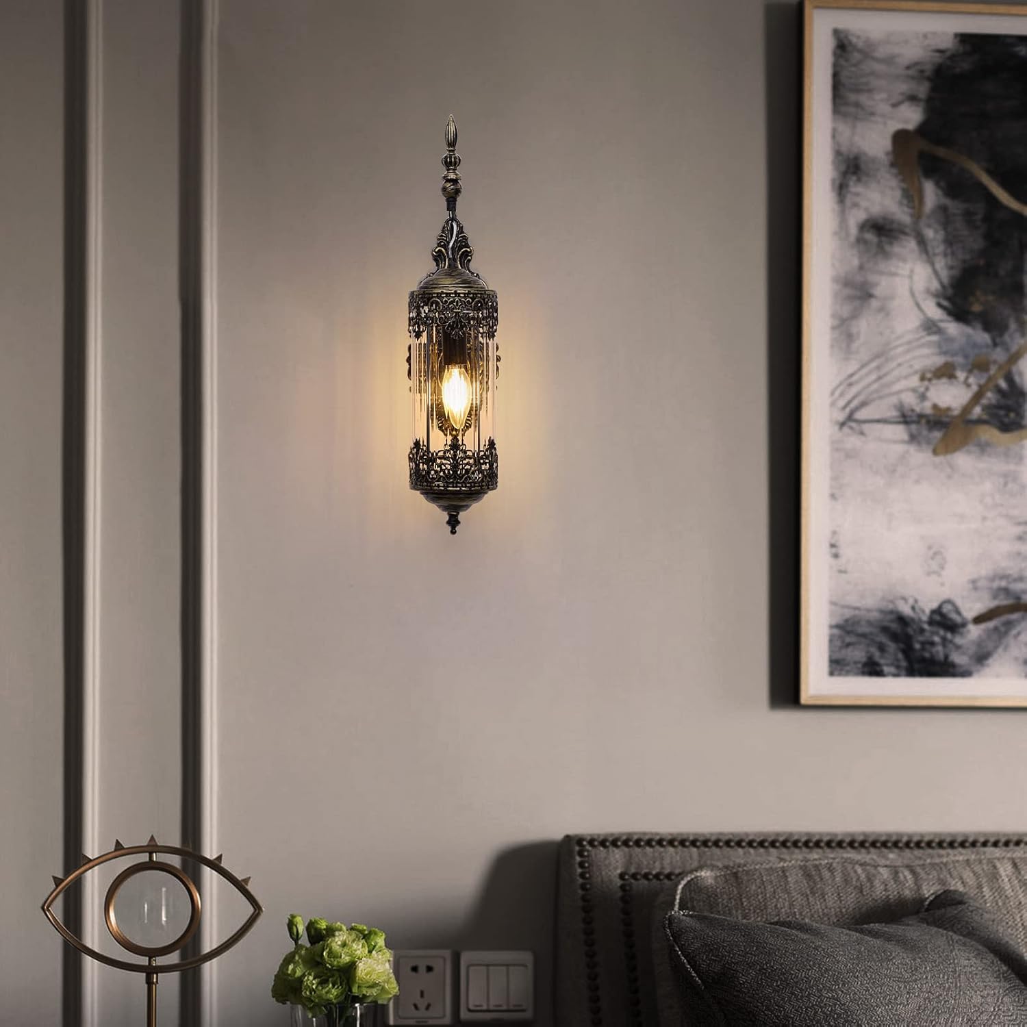 Vintage Wall Sconce with Glass Shade, Rustic Black Brushed Gold Farmhouse Wall Light Fixture, Antique Gothic Decorative Metal Wall Lamp for Hallway, Bedroom, Living Room, Entryway