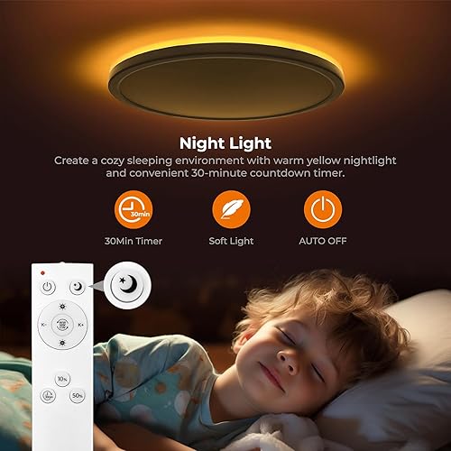 Miniatura 4 de Matane Lámpara de techo LED de 12 pulgadas con control remoto, luz nocturna cálida de 2000 K, ajustable de 3000 K-6500 K, luces de techo de perfil