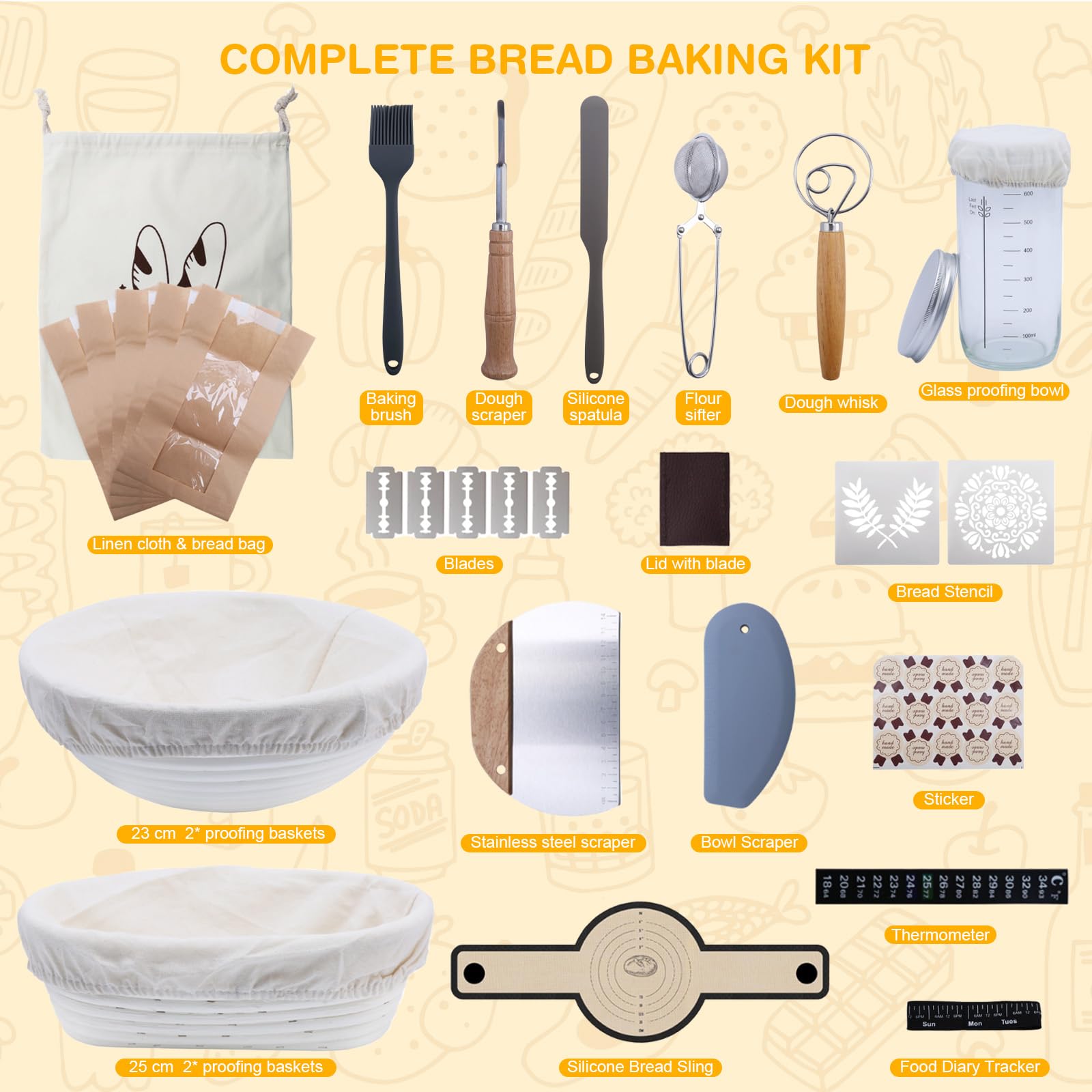Cestino da Lievitazione per Pane, Set Lievitazione Pane 25cm Ovale & 23cm Rotondo, Kit Completo di Lievito Madre con Barattolo per Levito Madre, Accessori per la cottura del pane per Principianti