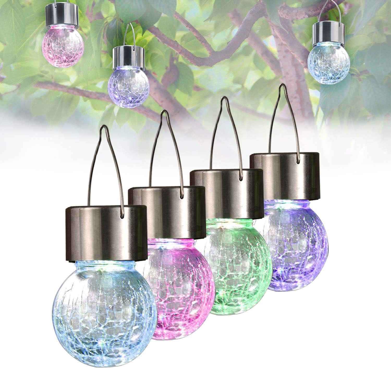 Solar Powered Lights Outdoor Tree Hanging Light Garden Lights- Weatherproof Design- RGB Lantern Pathway Landscape Lights for Garden/Yard/Patio/Window- Set of 4