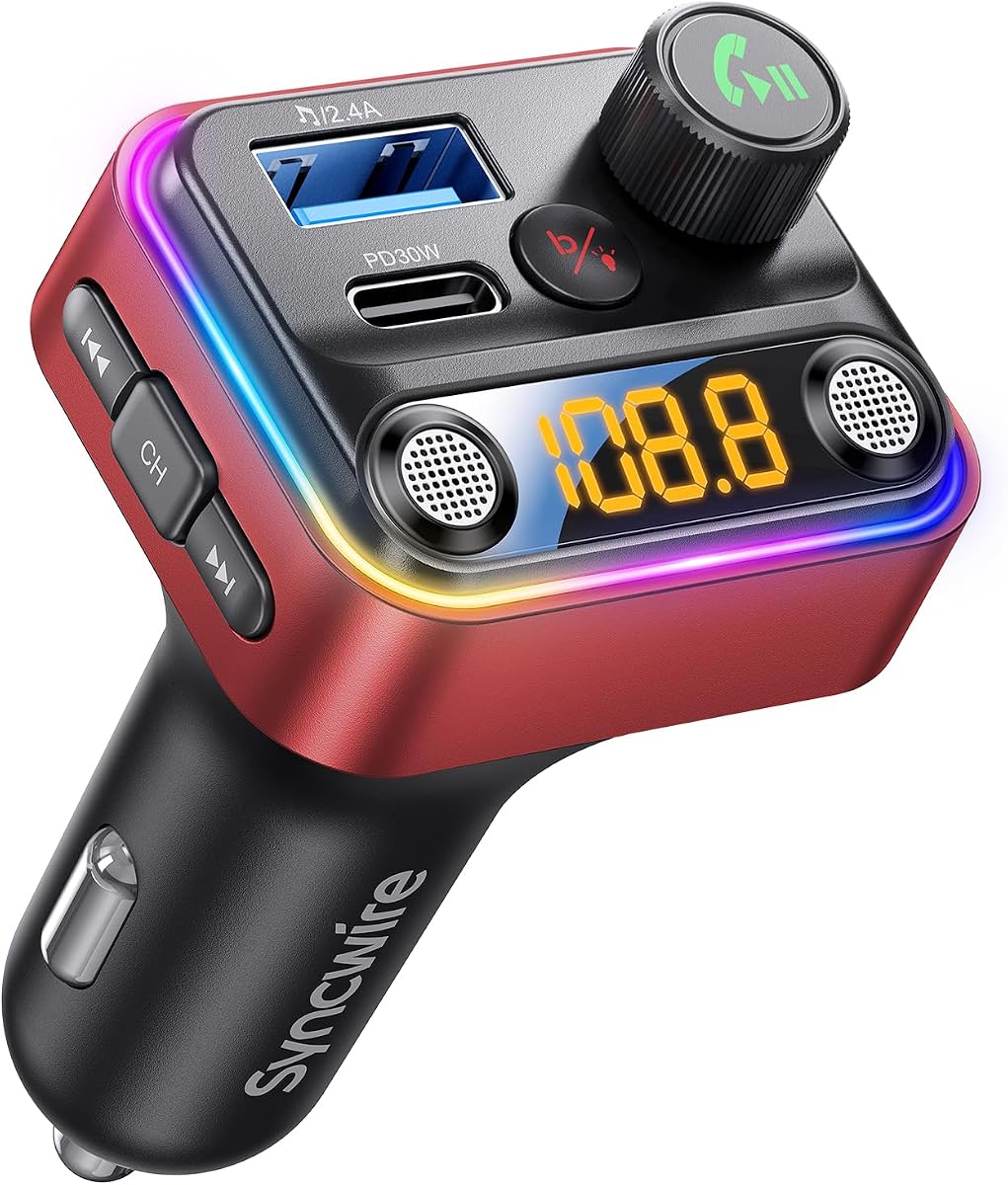 Transmisor FM Bluetooth 5.4 Adaptador para automóvil 42W [Interruptor de luz] [Micrófonos duales más potentes] [Graves profundos de alta fidelidad] [Carga rápida] Radio FM inalámbrico Adaptador de música Soporte para llamadas manos libres Unidad USB, Rojo | Cargador rápido de 42W. Micrófono dual para llamadas con manos libres. Radio estéreo FM inalámbrica con graves HiFi y soporte para música mediante unidad USB.