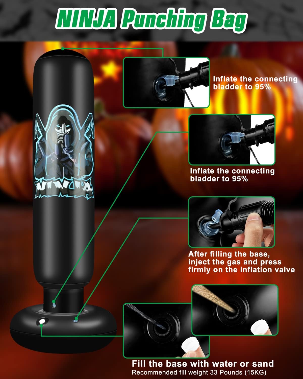 Inflatable Punching Bag for Kids - 63" Inflatable Kid Boxing Bag - Children Sports Toy for Sparring Boxing Bag Suitable for Karate Kickboxing - Dinosaur Pattern & Ninja Pattern : Sports & Outdoors