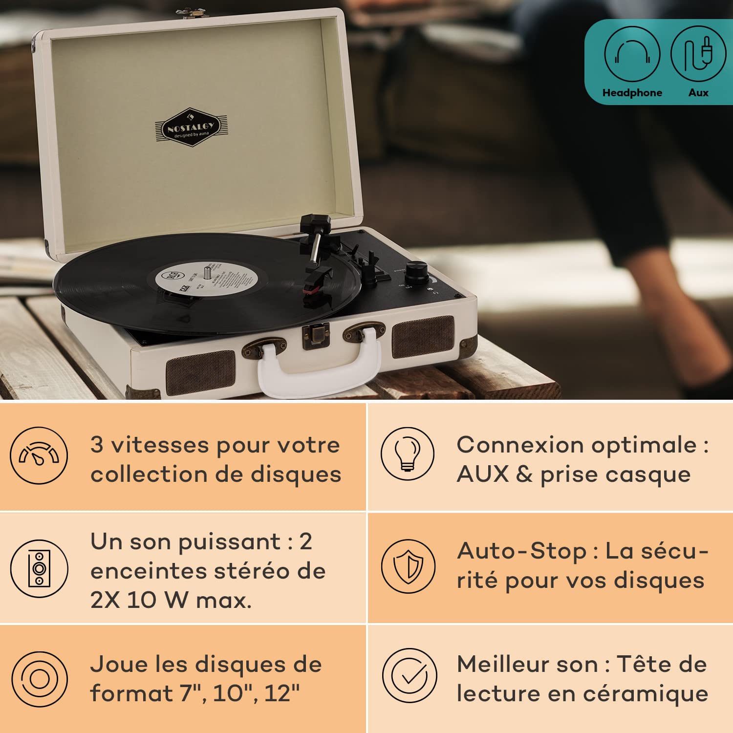 Auna Platine Vinyle Bluetooth, Tourne Disque Vinyle USB avec Haut Parleur, Tourne-disques Audio 33 Tours, Chaine HiFi avec Platine Lecteur Vinyles Vintage Meuble Portable