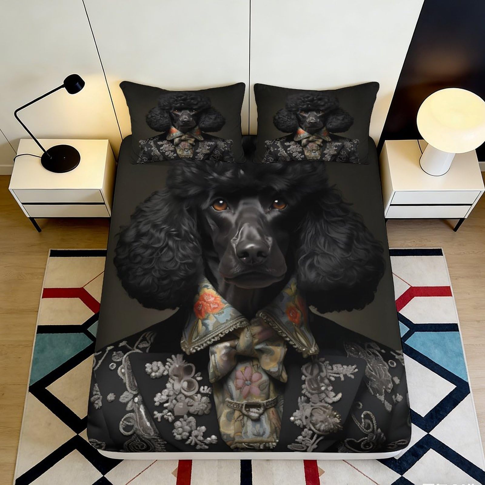 3D Printed Black Poodle Fitted Sheet Microfiber Soft Durable 3D Printed Elegant Dog Bed Cover for Bedroom Dormitory Guest Room Mattress Protection 160x200x25cm