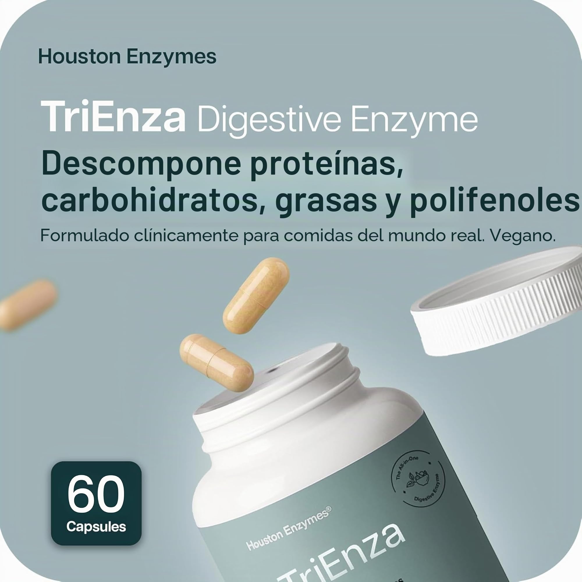 Houston Enzymes TriEnza - Suplemento enzimático digestivo para gluten, caseína, soja, proteínas, carbohidratos, grasas y polifenoles - Enzimas digestivas para mujeres y hombres (60 cápsulas)