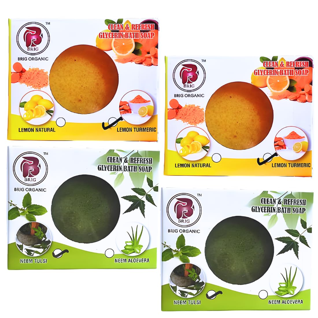 BRIG MIX COMBO LEMON TURMERIC AND NEEM TULSI SOAP (4X100gm.) Pure Natural |Glycerin Organic |Moisturization |Men Women Bath, Refreshing |Face, Body |Handmade Herbal |All Skin