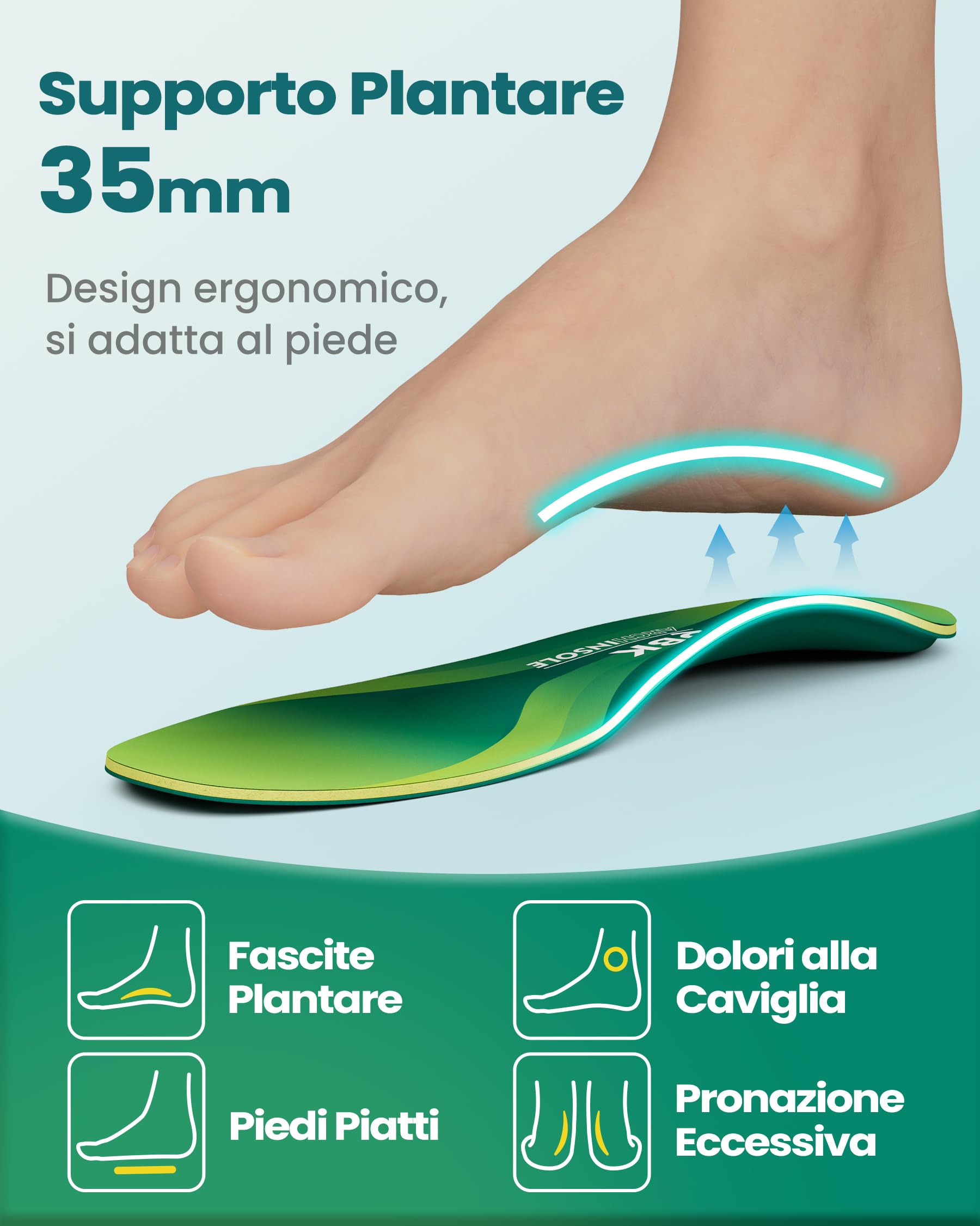 Plantari Ortopedici QBK Per Piede Piatto - Solette 3/4 Con Arco Alto, Antiodore E Antishock