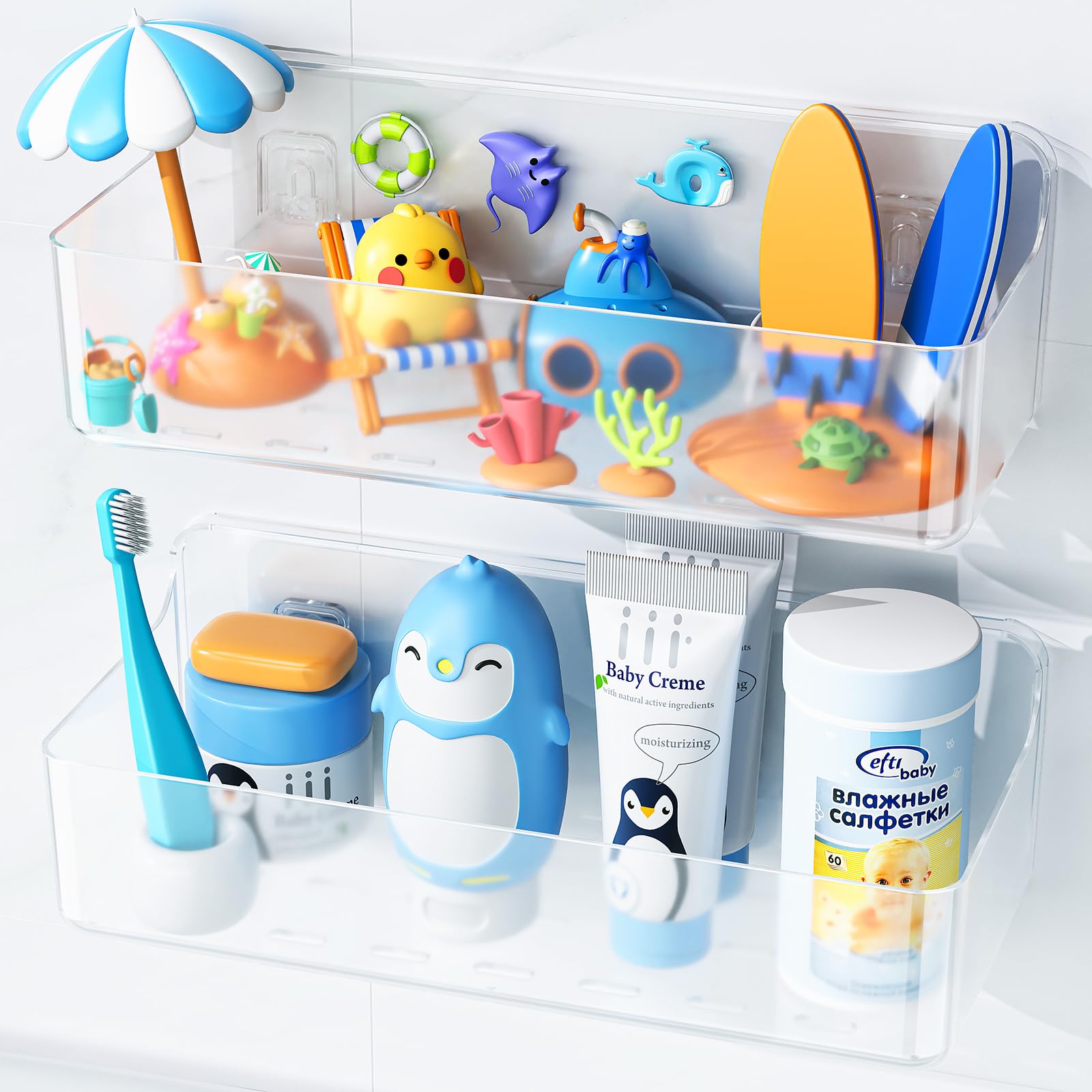 Nieifi Bath Toy Storage Large Capacity Bath Toy Organizer Adhesive Shower Caddy for Baby Bathroom Bathtub Clear 2