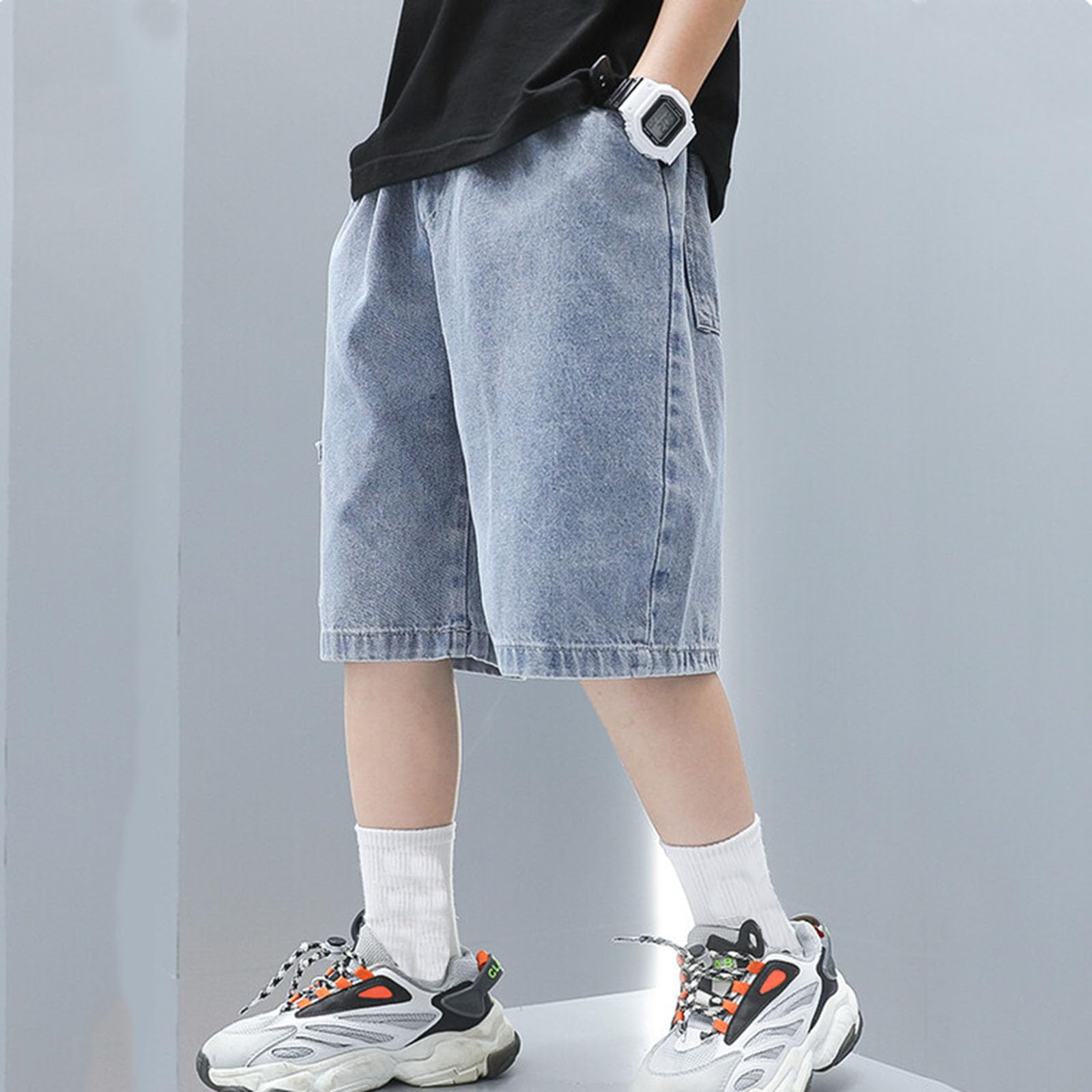Générique Garçons Short en Denim Été Pantalons Court Baggy Léger Pantalon Jeans 3/4 Bermuda Jeans Garçons Bleu Enfant Mode Denim Pantacourt avec Poches Streetwear Outdoor