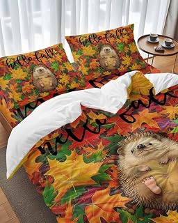 Fall Duvet Cover Set of 4 Queen Size Watercolor Hedgehog Maple Leaves Comforter Sets, Fruit Buffalo Bedding Set with Zipper Closure and 2 Pillow Cases, Soft Bed Covers for Thanksgiving All Season