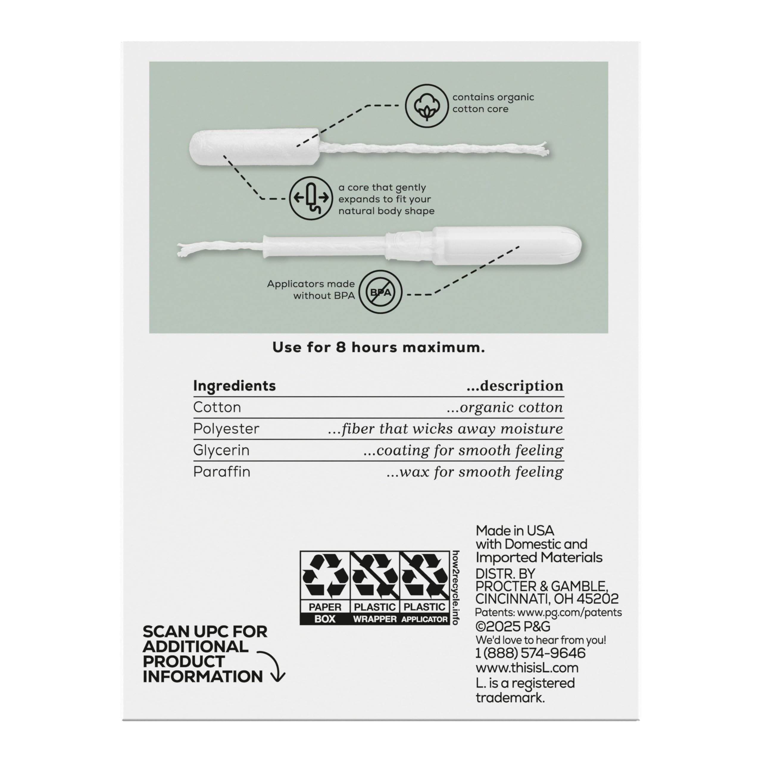 L. Tampons, Made with Organic Cotton, Regular/Super Absorbency, Multipack, Made Without Synthetic Pesticides, Rayon or Fragrances, Applicator Made Without BPA, Leak-Stopping Design, 18 Count