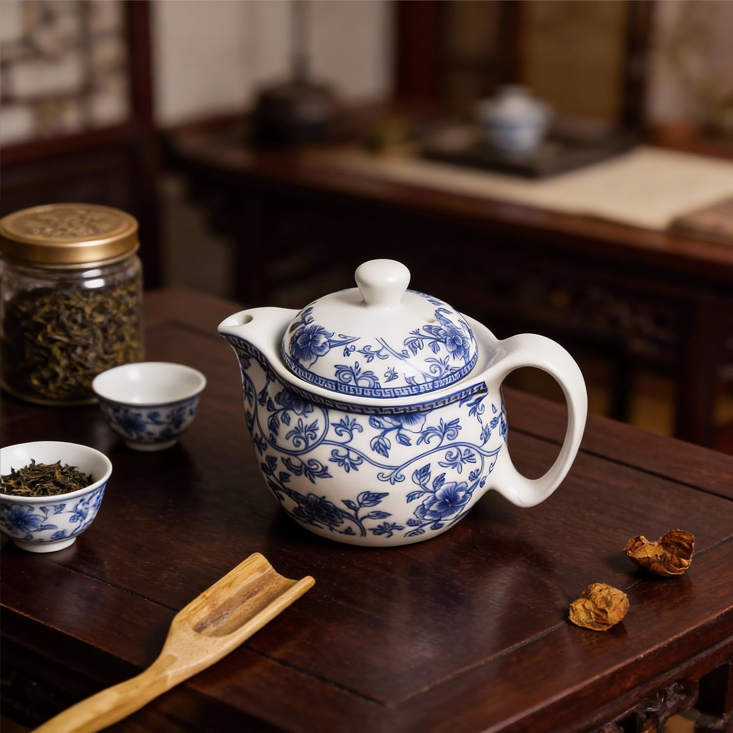 WAIT FLY Blue and White Ceramic Tea Pot with Removable Infuser, Teapot for Loose Leaf and Blooming Tea-Flower