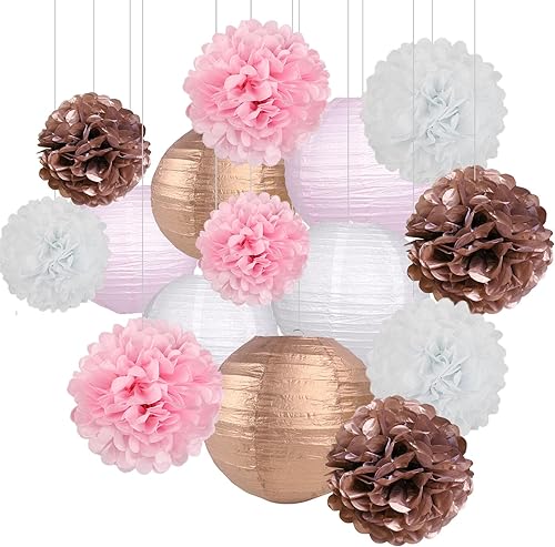 zilue Decoraciones de fiesta de oro rosa, faroles de papel de oro rosa y pompones para fiesta de cumpleaños, despedida de soltera, decoración de