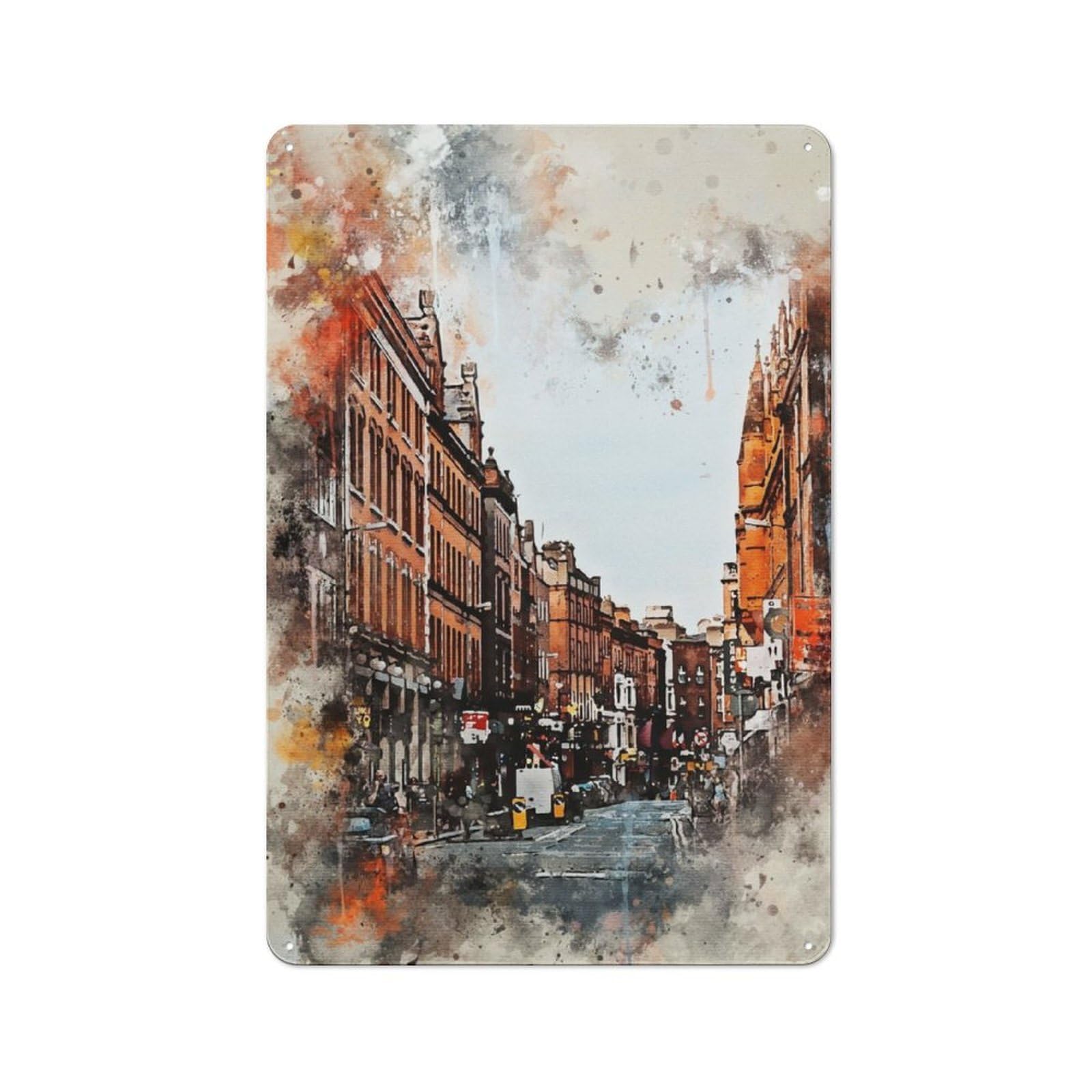 Vintage Metal Plaque 30x20cm Featuring Dublin in Watercolor for Garage Wall, for People Furnishing A Garage
