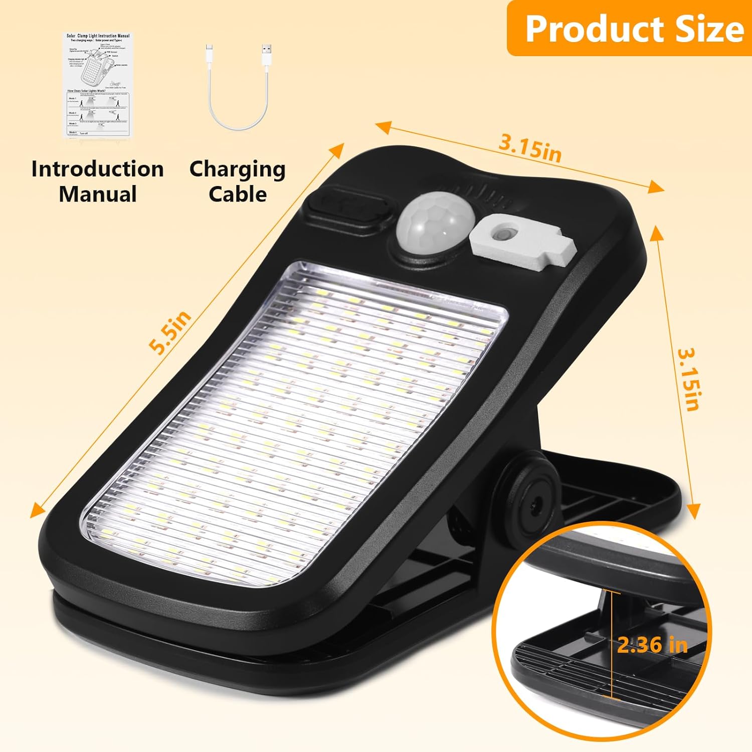 Clip on solar lights outdoor with motion sensor, Solar Fence Lights with 60 LEDs(6000K), 1500mAh Battery with Dual Charging, IP65 waterproof Security light for Chain Link, Gutter, Camping (2 Pack)
