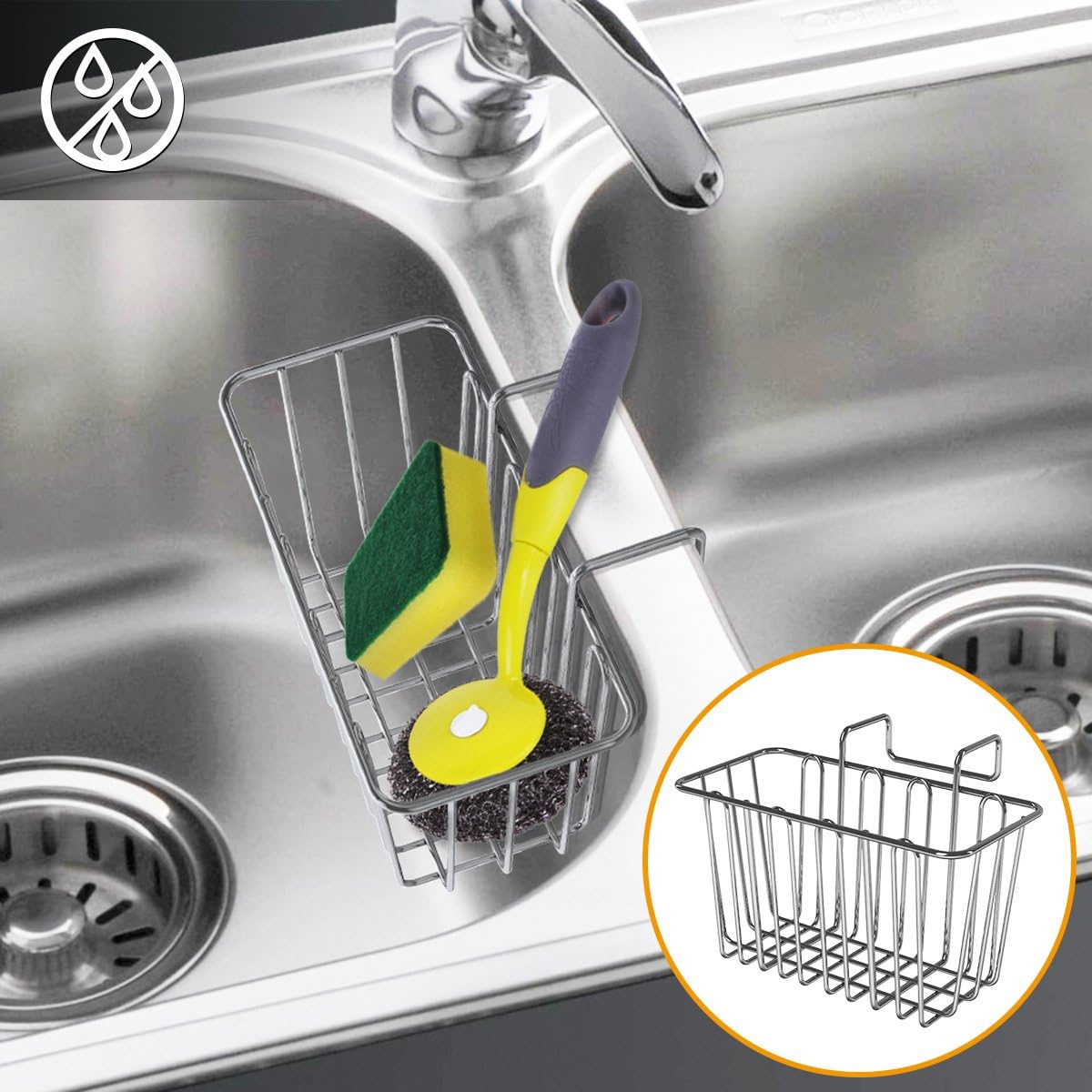 Sponge Holder, WeGuard 304 Stainless Steel Multifunctional Sponge Holder for Kitchen Sink Cabby Hanging Basket - Silver