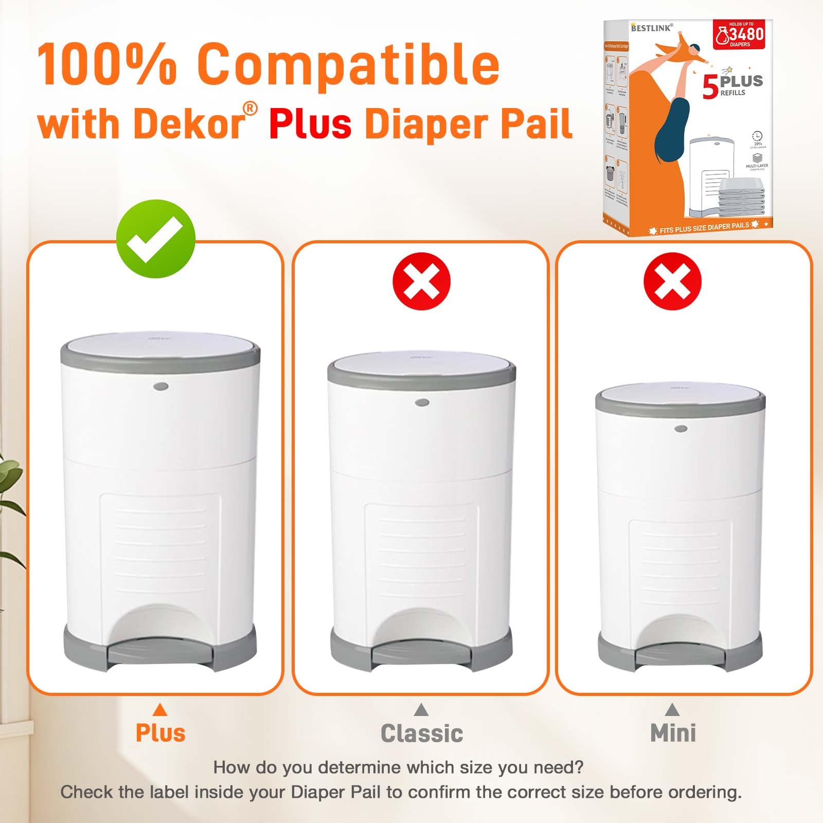 Paquete de 5 recambios compatibles con cubos de pañales DEKOR PLUS | 20% de longitud extra para bolsas de recambio para 3480 pañales, máximo control de olores con aroma a bebé