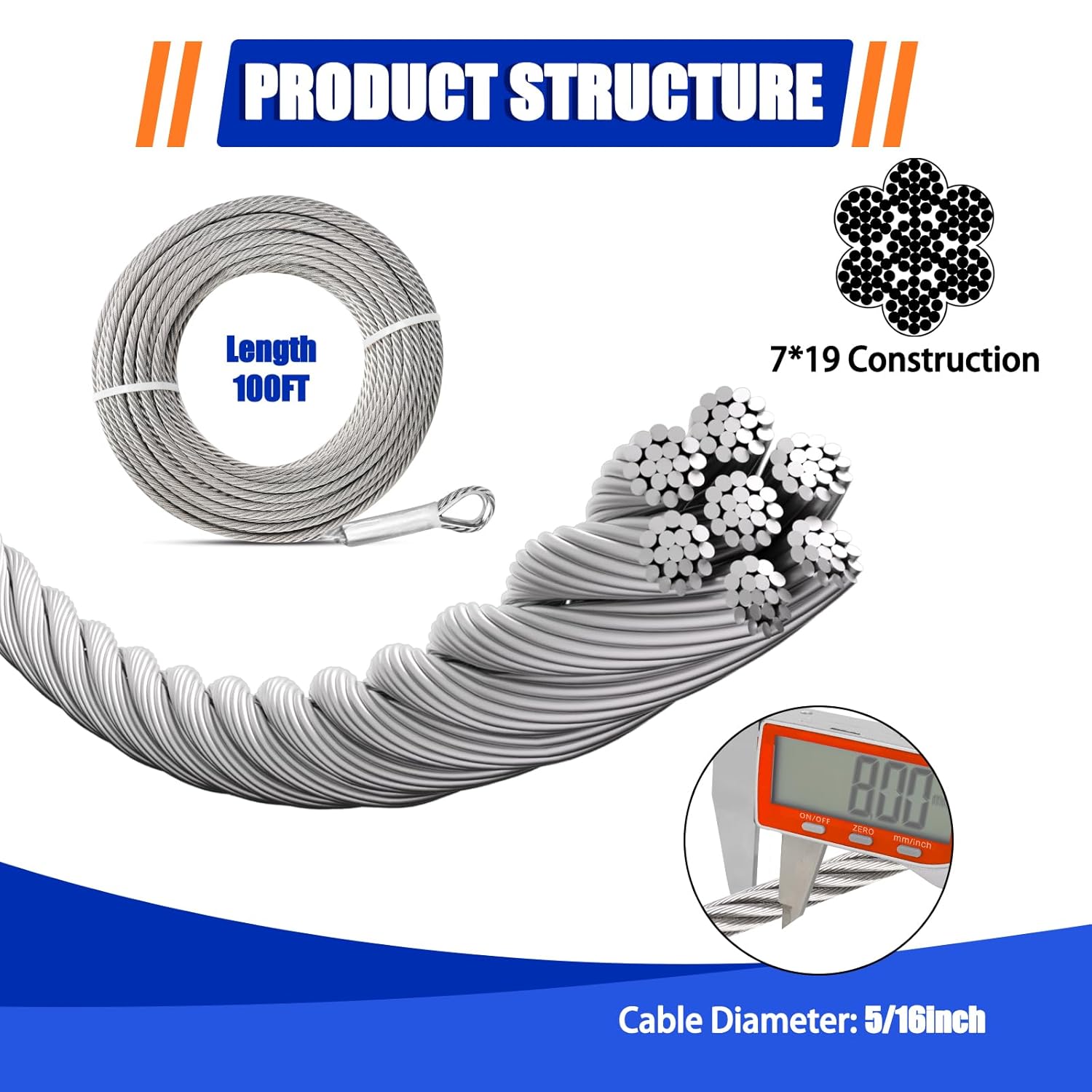 5/16 Steel Cable with Loops 100ft Stainless Steel Wire 7 * 19 Strands Aircraft Cable 9000 lbs Break Strength for Yard Zipline Shade Sail Fencing Duty Wire Rope kit with Clamps and Thimbles