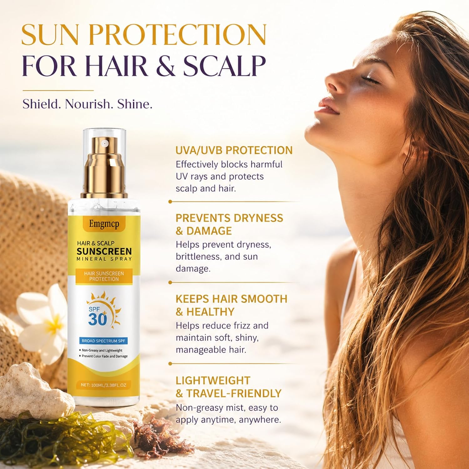 Hair & Scalp Sunscreen Spray SPF 30 | Broad Spectrum UV Blocker for Color-Treated Hair, Weightless Non-Greasy Formula with Coconut Oil, Prevents Color Fade & Dryness, Beach & Pool Essential
