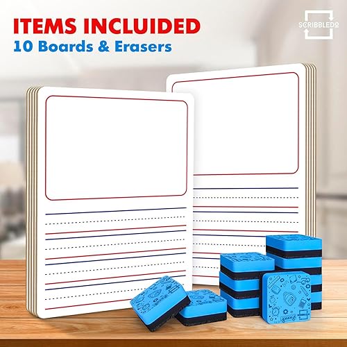 Miniatura 7 de Scribbledo Paquete de 10 pizarras blancas de doble cara de 9 x 12 pulgadas con forro de historias para niños, tablero de escritura para práctica,