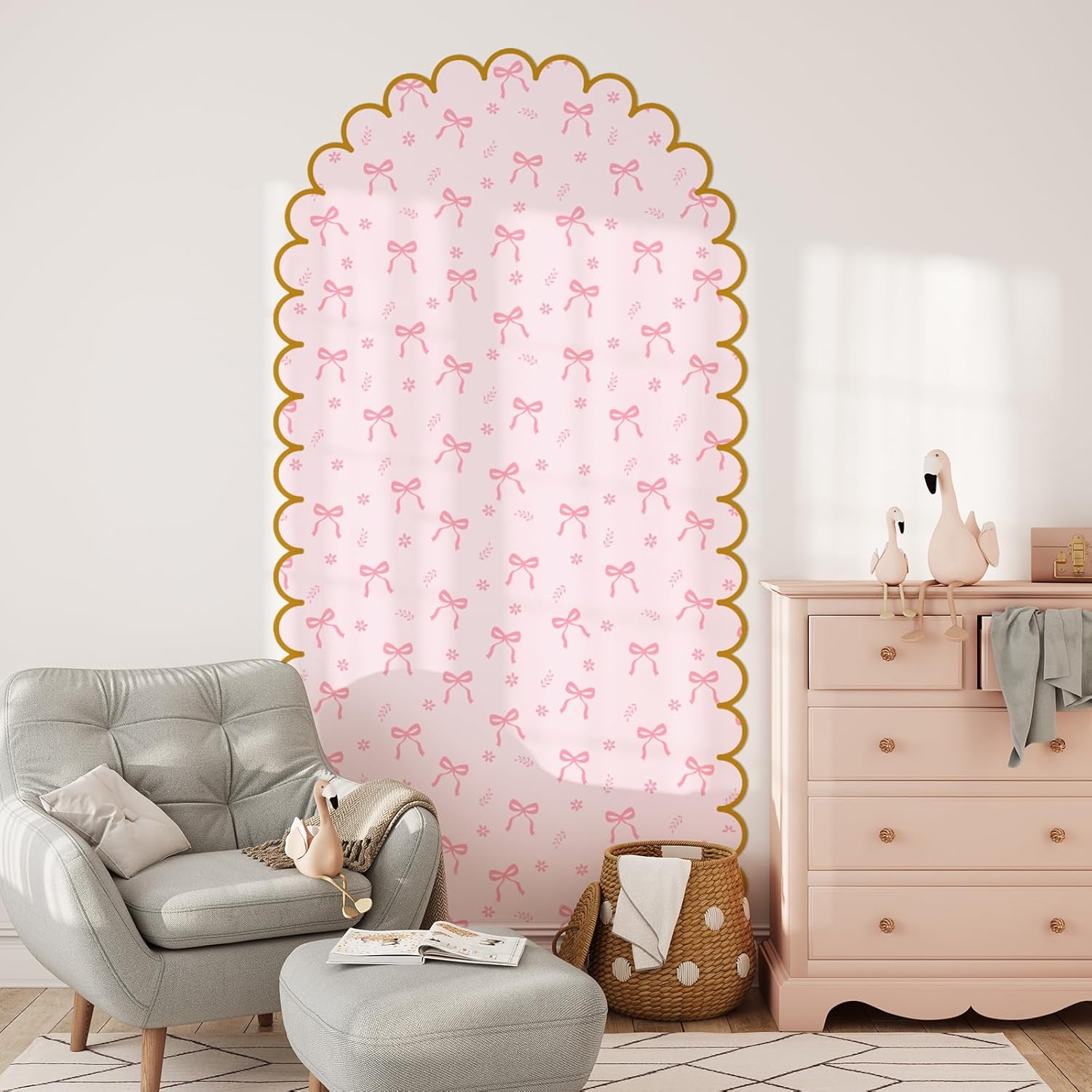 Leinuosen Pink Bow Arch Wall Decals Peel and Stick 58 x 30 Inch Large Bow Wallpaper Wall Decal Room Decor with Golden Scallop Frame Coquette Headboard Stickers for Nursery Bedroom Living Room