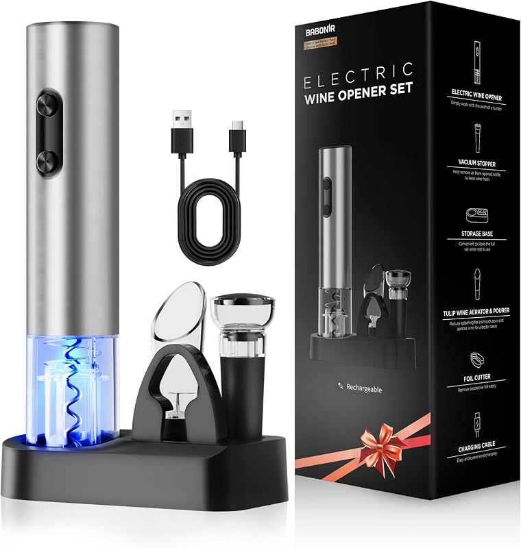 Electric Wine Opener Rechargeable, BABONIR 6-in-1 Wine Gift Set | Stainless Steel, Vacuum Stopper, Automatic Bottle Opener, Foil Cutter, Wine Aerator, Storage Base, Wine Gifts for Parents