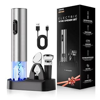 6-in-1 Electric Wine Opener Gift Set, Stainless Steel Automatic Corkscrew with Foil Cutter, Vacuum Stopper, Aerator Pourer and Storage Base, Rechargeable Bottle Opener Gift Kit for Home Party - Amazon product rated Grade A