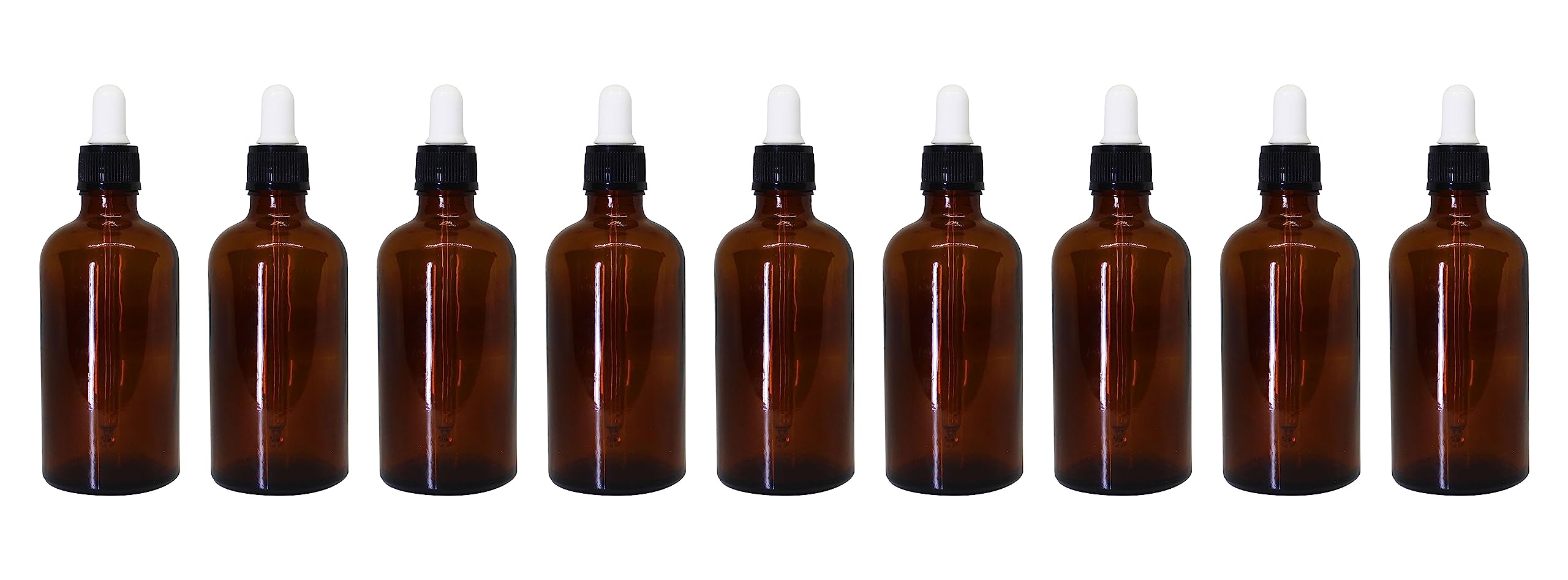 nsb herbals100 ML Amber Round Empty Glass Bottle + Glass Dropper + Black Ring + White Silicone Teat, Refillable, Leak Proof For Essential Oils, DIY Perfumes (Pack of 9)